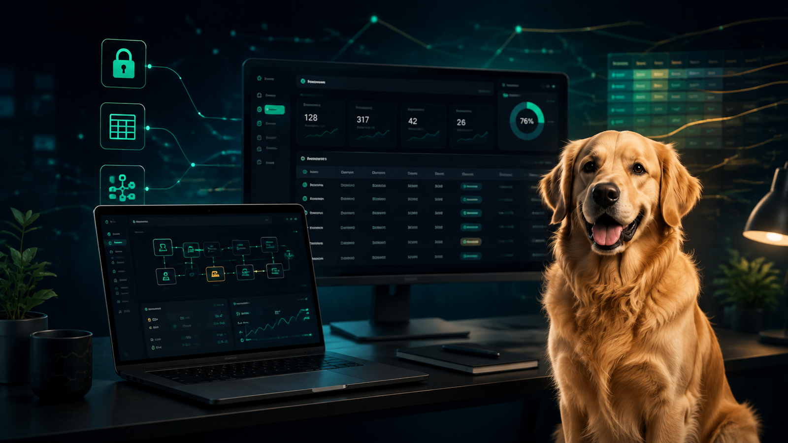 Golden Retriever beside the Amazon Toolkit workflow dashboard